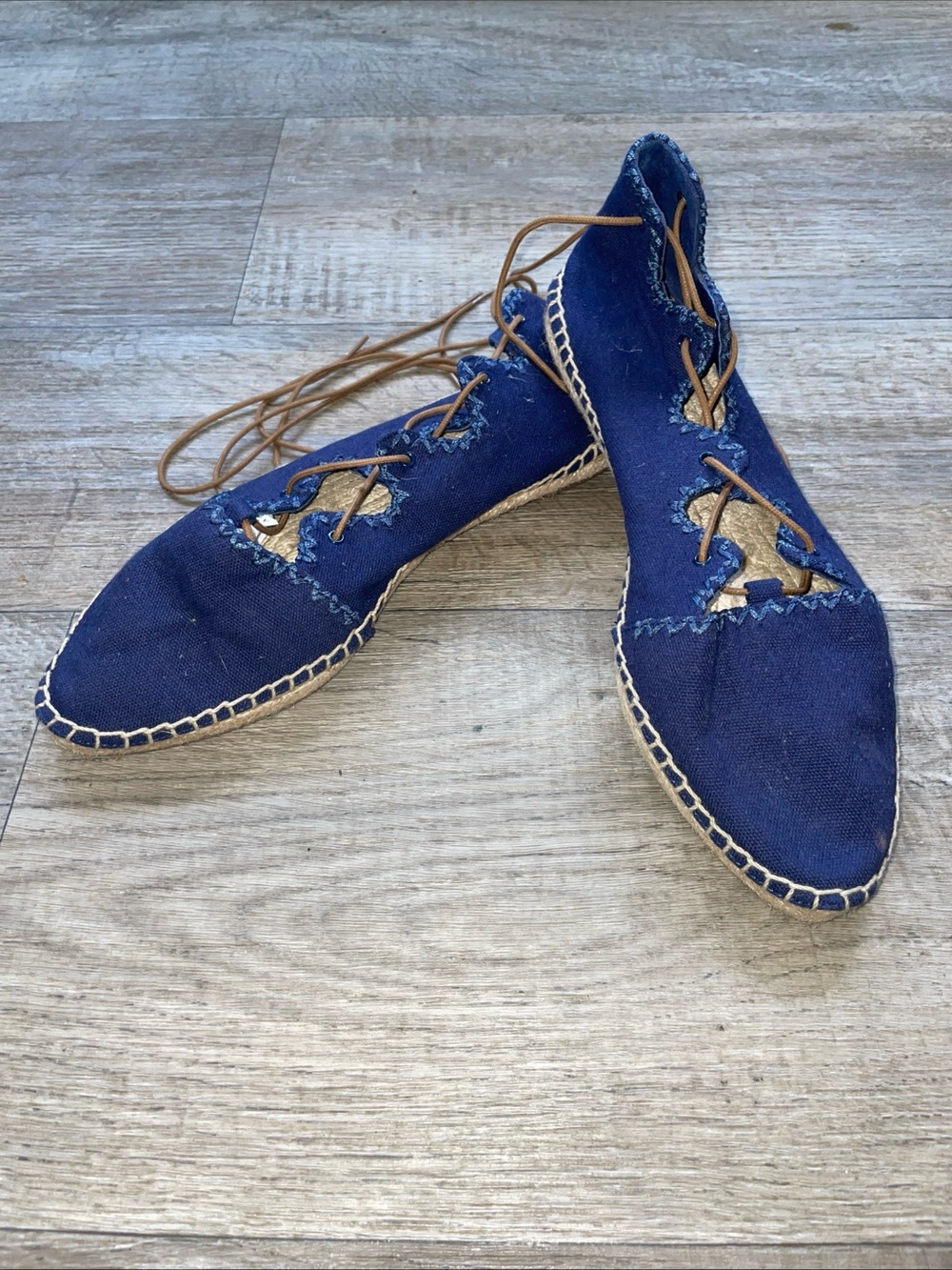 Tory Burch Sonoma Ghillie Lace-Up Espadrille Flats Blue Canvas Women's Size 8